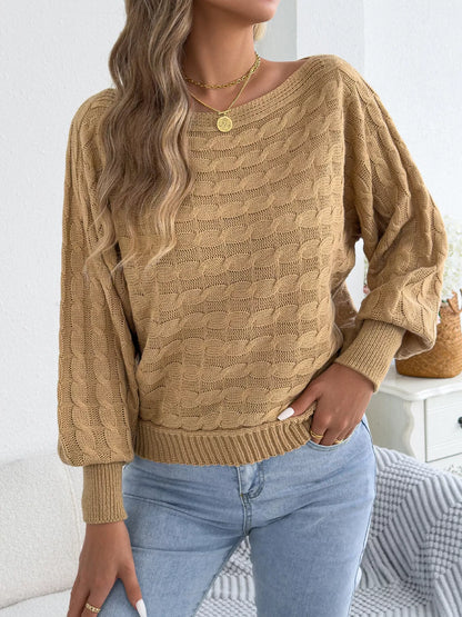 Cable Knit Boat Neck Sweater - Camel - View 4