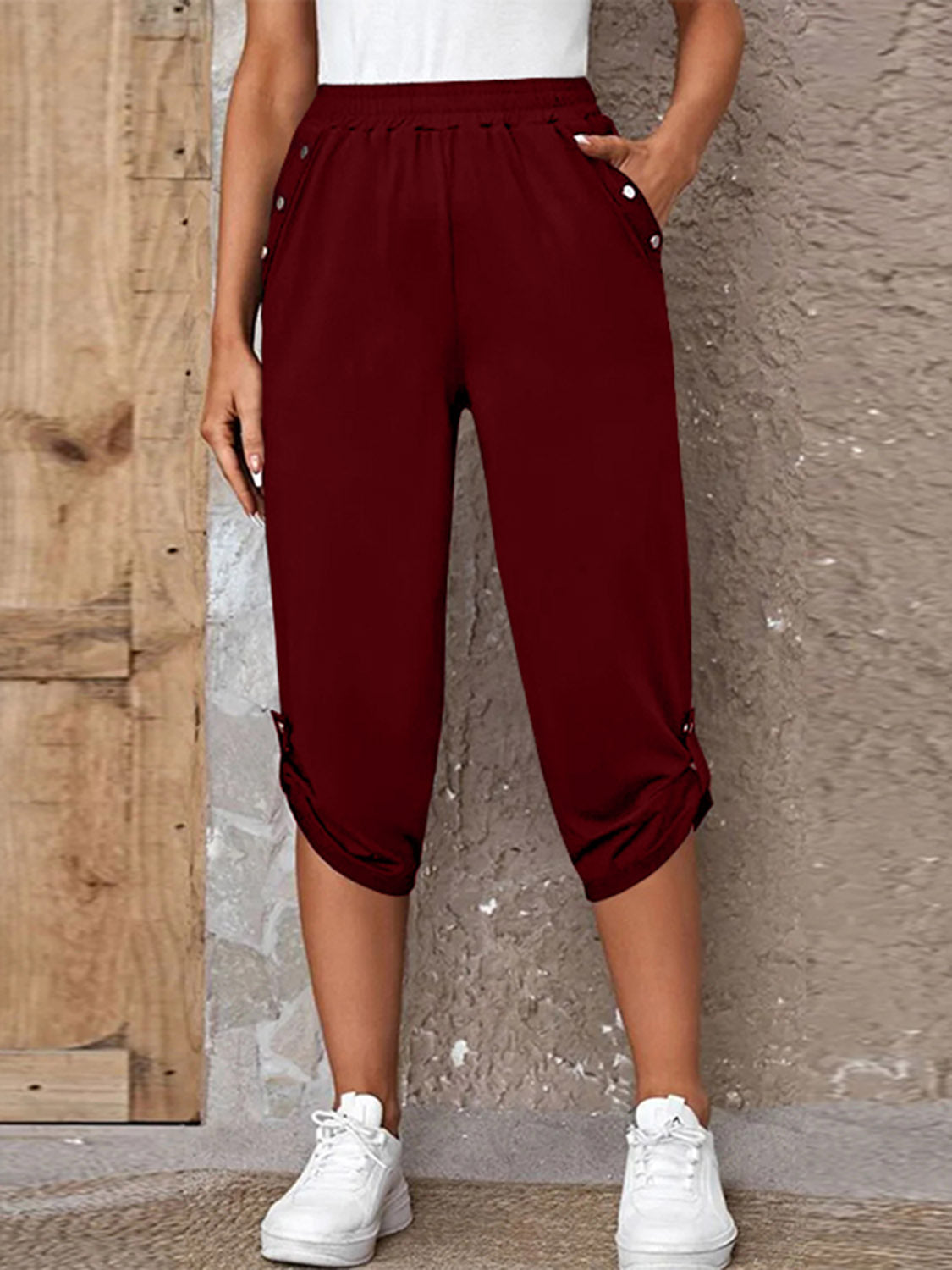 Full Size Roll-Tab Capris Pants - Burgundy - View 1