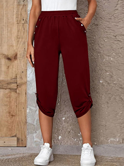 Full Size Roll-Tab Capris Pants - Burgundy - View 1