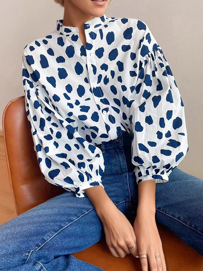 Printed Puff Sleeve Button-Down Shirt - Blue - View 1