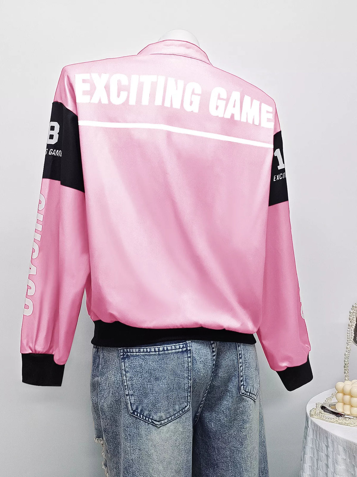 Letter Print Zip Up Jacket - Pink - View 7