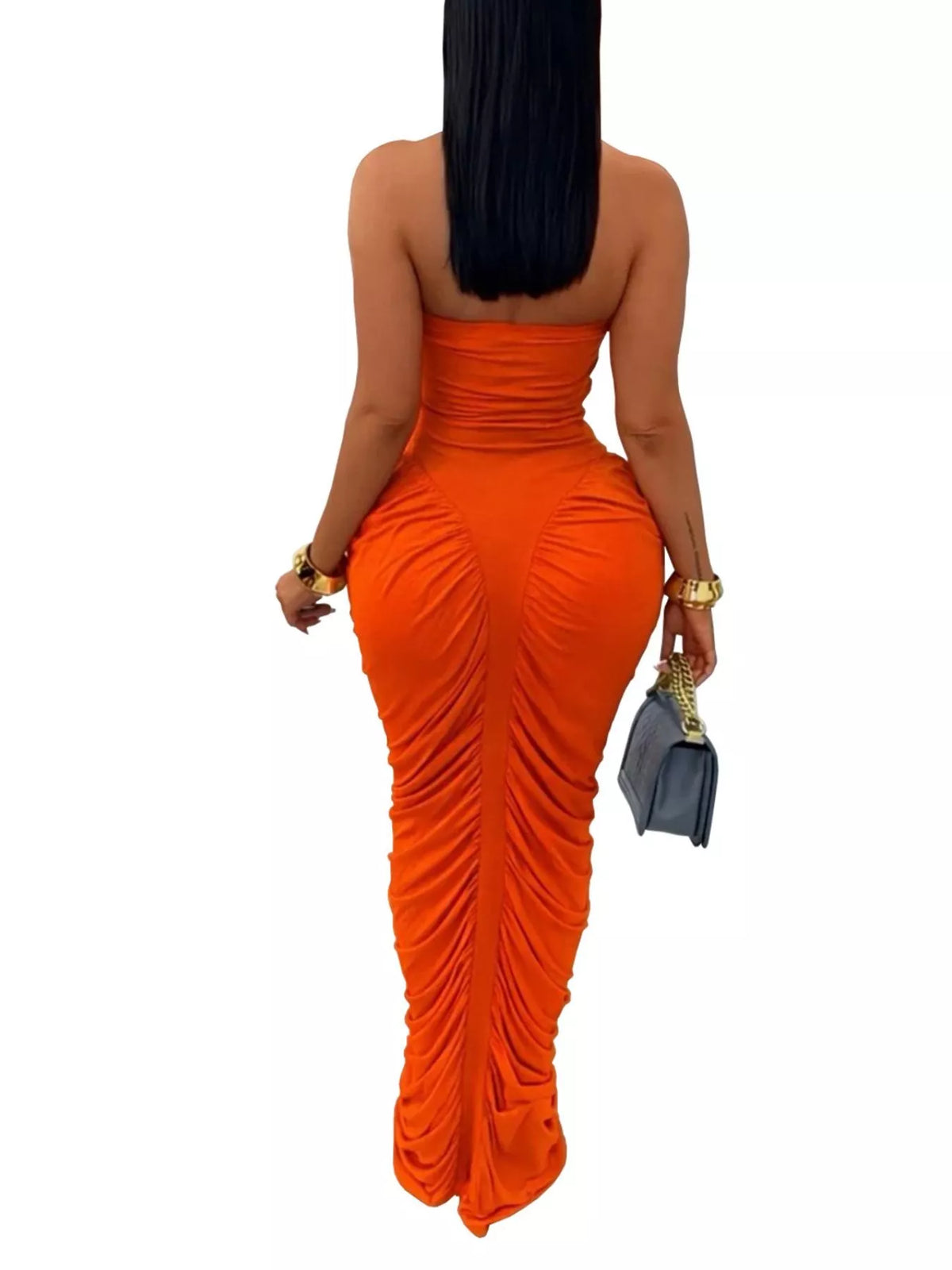 Strapless Ruched Bodycon Maxi Dress - Orange - View 8