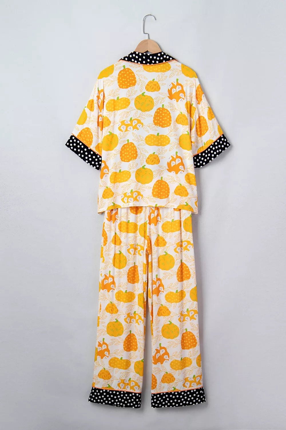 Short Sleeve Pumpkin Print Polka Dot Trim Pocket Placket Lounge Set - Sherbet - View 7