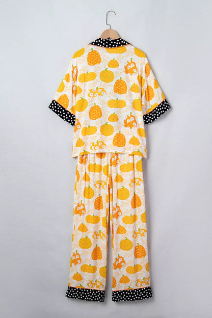 Short Sleeve Pumpkin Print Polka Dot Trim Pocket Placket Lounge Set - Sherbet - View 7