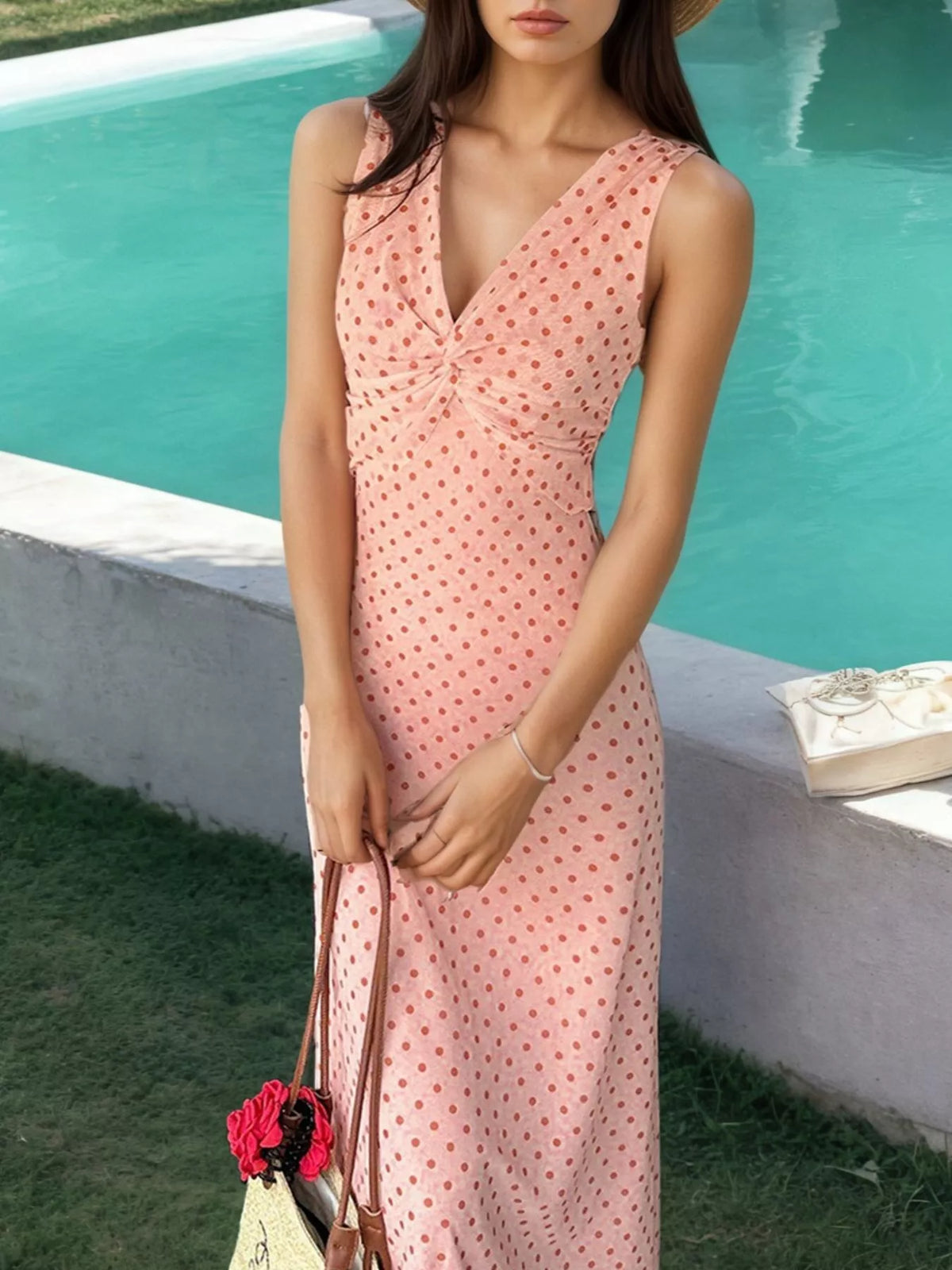 Polka Dot Twist-Front Sleeveless Maxi Dress - Pink - View 3