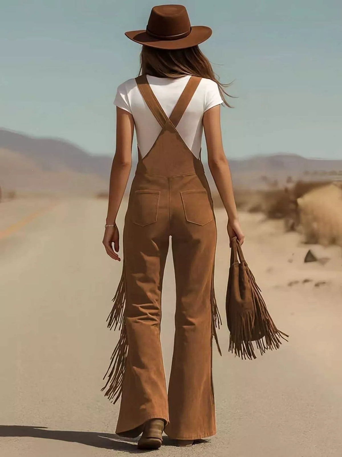 Fringe Detail Flare Leg Overalls - Dark Brown - View 2