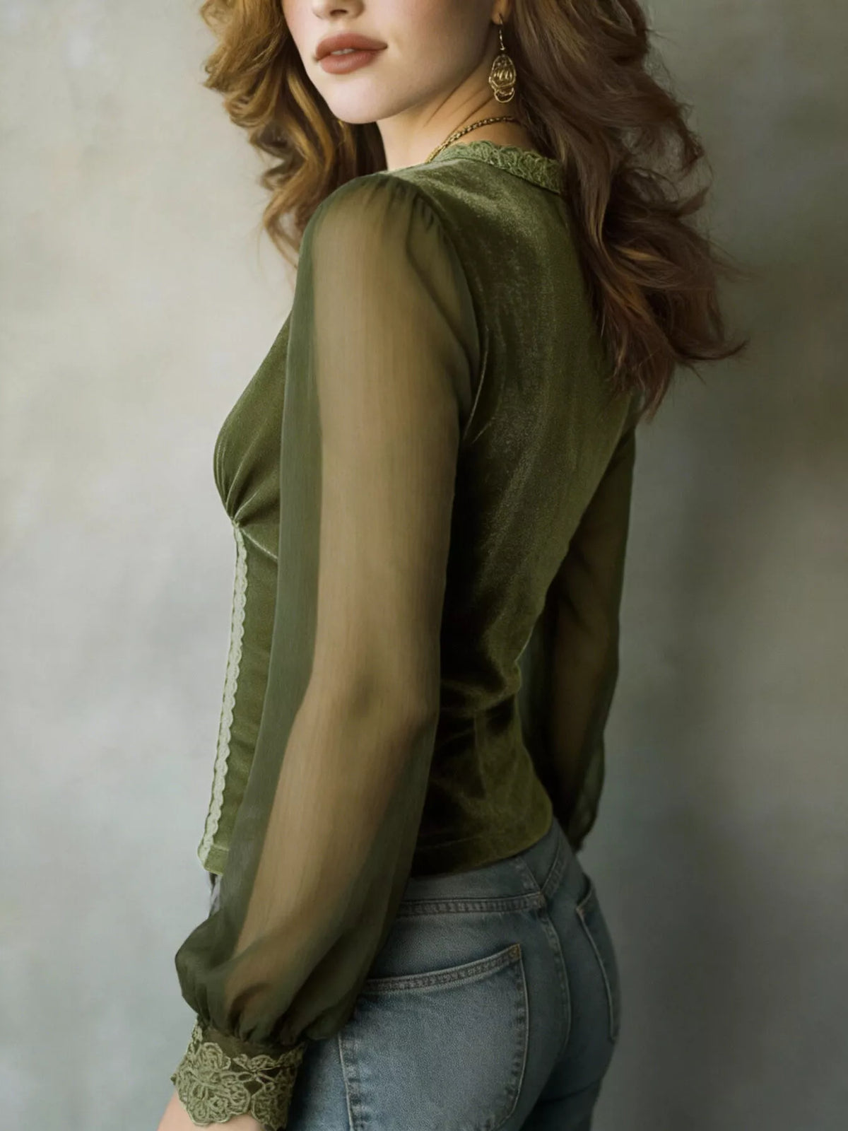 Lace Trim Sheer Long Sleeve Blouse - Moss - View 3