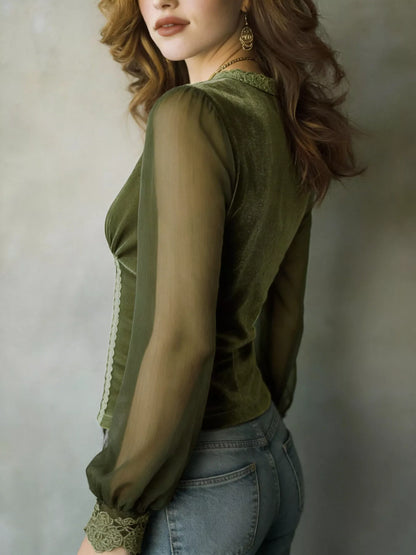 Lace Trim Sheer Long Sleeve Blouse - Moss - View 3