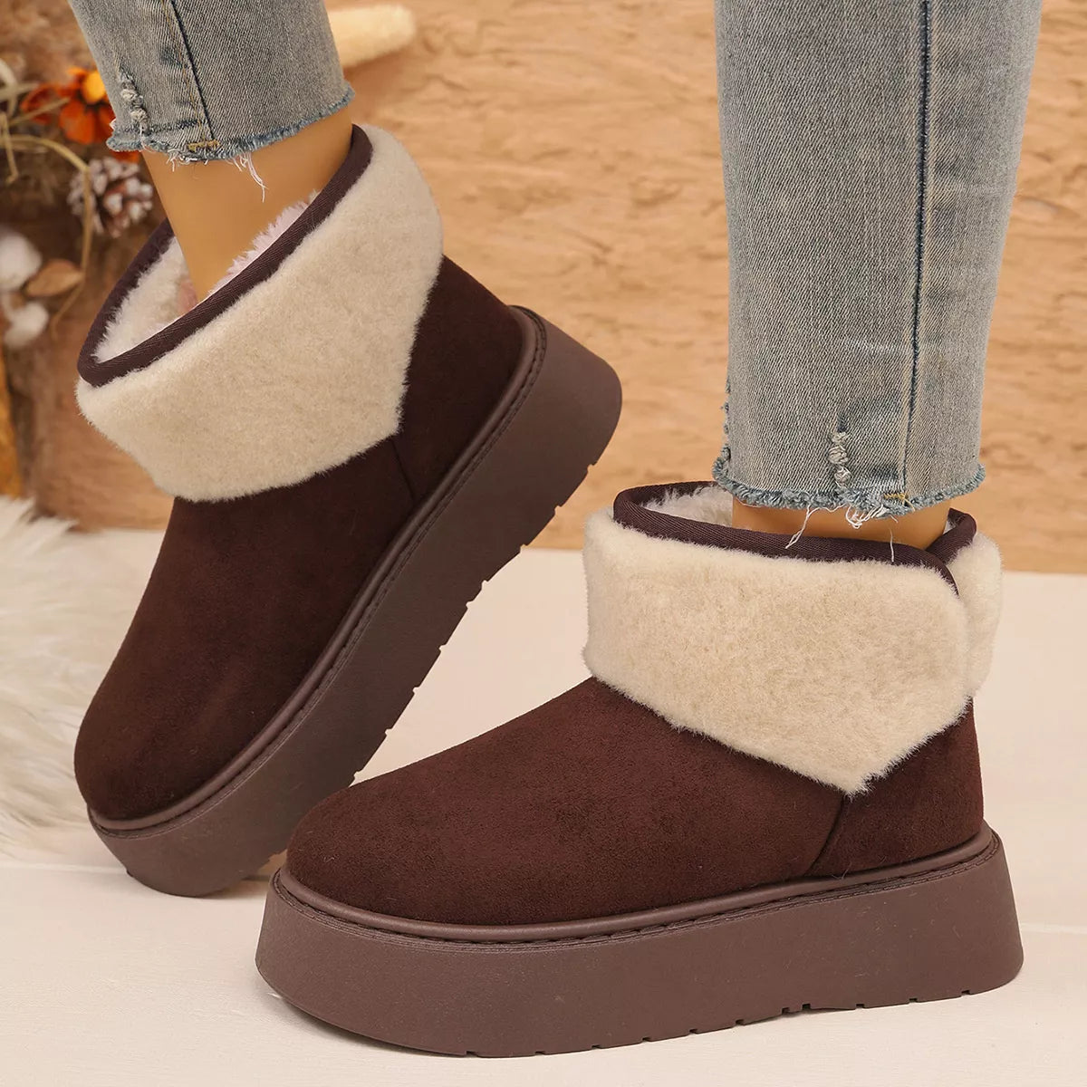 Round Toe Platform Boots - Coffee Brown - View 8