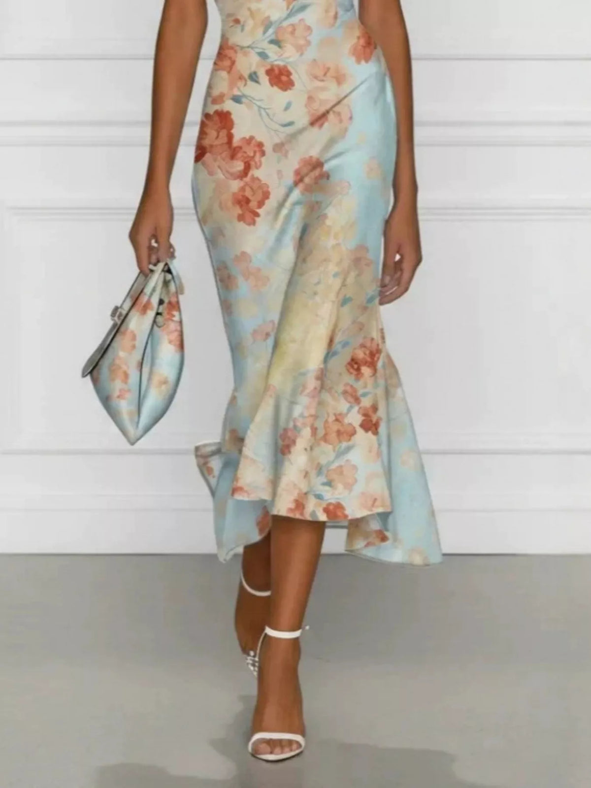 Off-Shoulder Floral Print Bodycon Midi Dress - Pastel  Blue - View 3