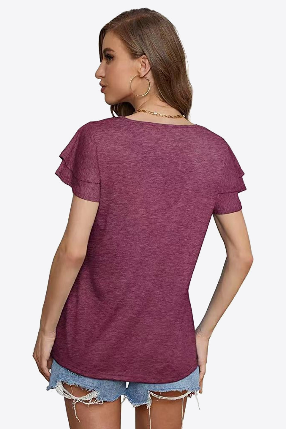 Tie-Neck Layered Flutter Sleeve Blouse - Wine - View 2