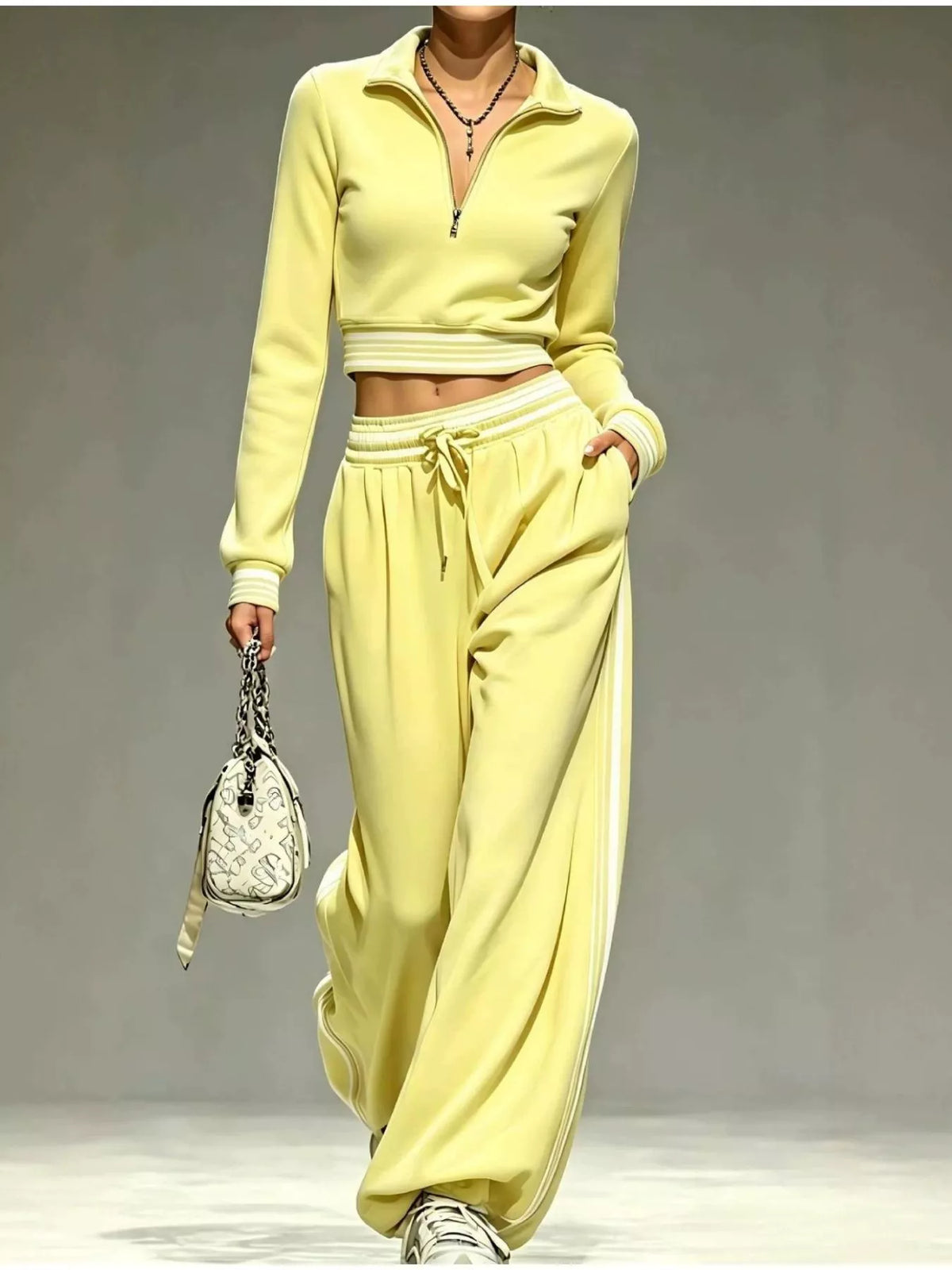 Full Size Half Zip Cropped Top and Pants Set Plus Size - Yellow - View 1