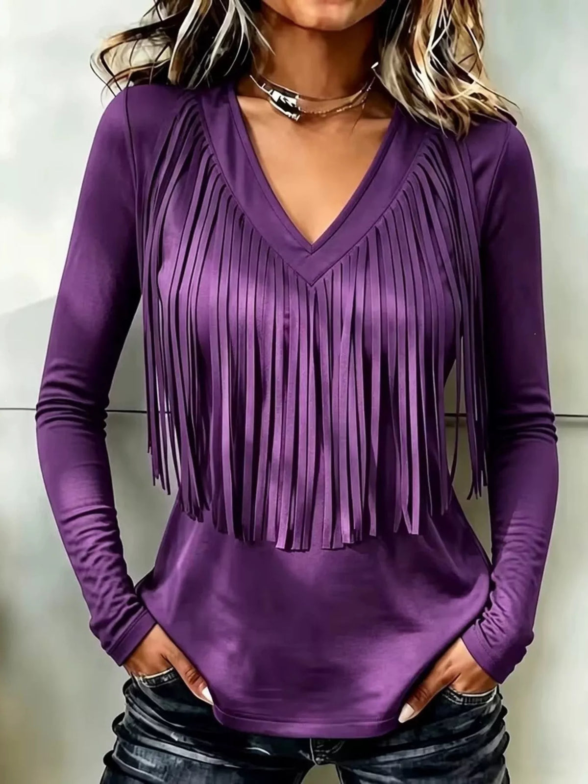 Fringe V-Neck Long Sleeve T-Shirt - Purple - View 1