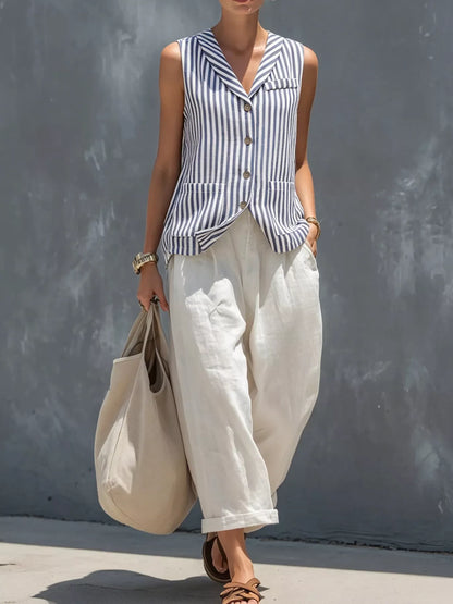 Striped Button Down Vest and Pants Set - Blue - View 1