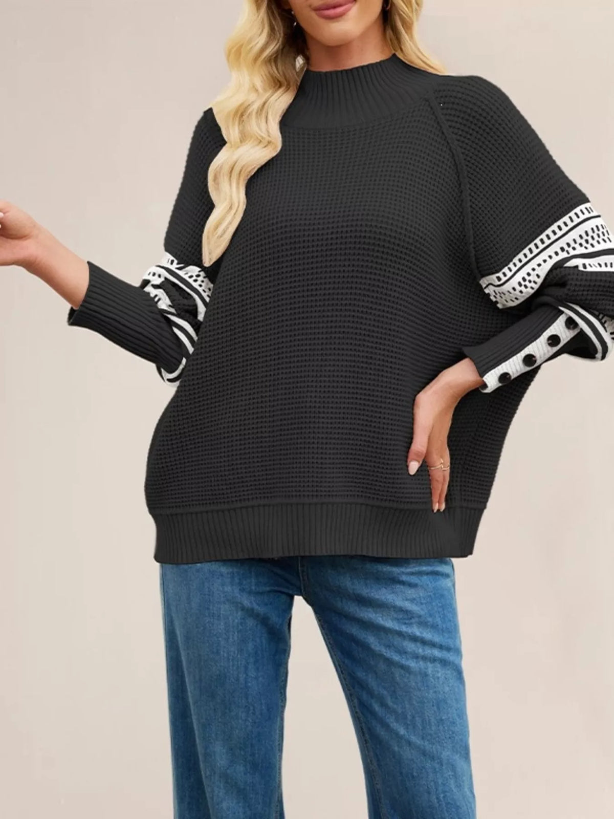 Waffle Knit Mock Neck Sweater - Black - View 1