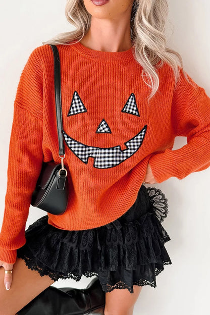 Drop Shoulder Long Sleeve Round Neck Halloween Sweater - Orange - View 5