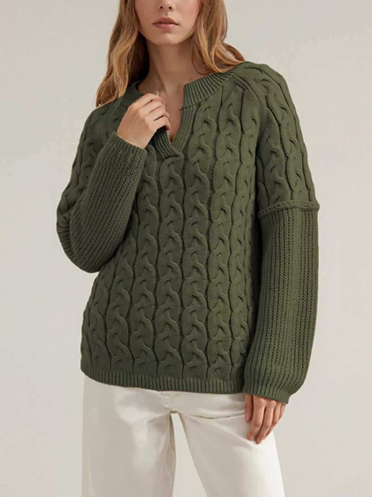 Cable-Knit Dropped Shoulder Sweater - Army Green - View 2