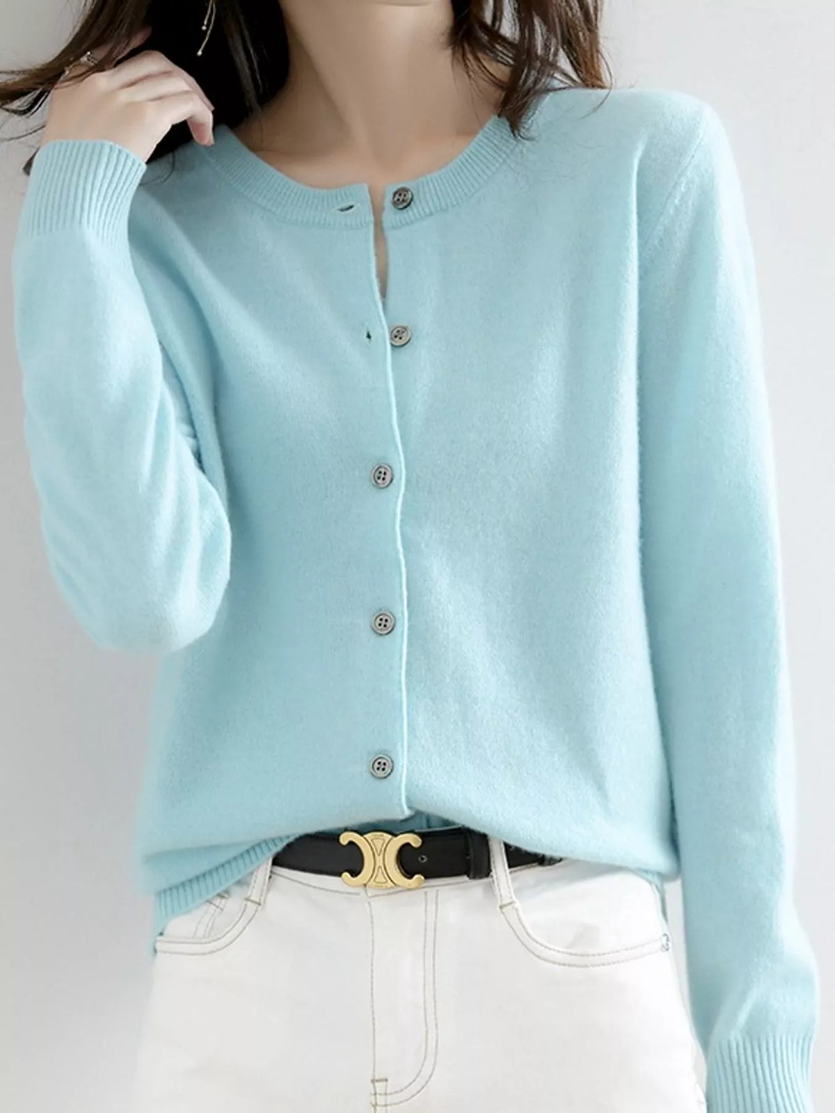 Crew-Neck Button-Down Cardigan - Sage Green - View 12