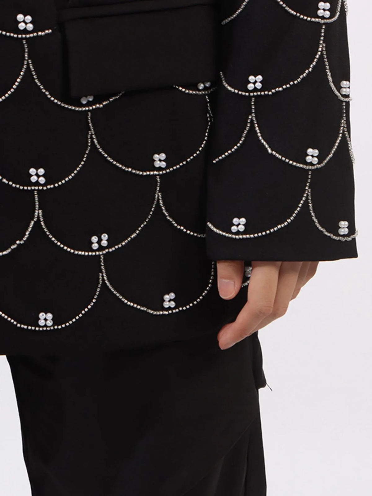 Pearl Detail Long Sleeve Blazer - Black - View 10