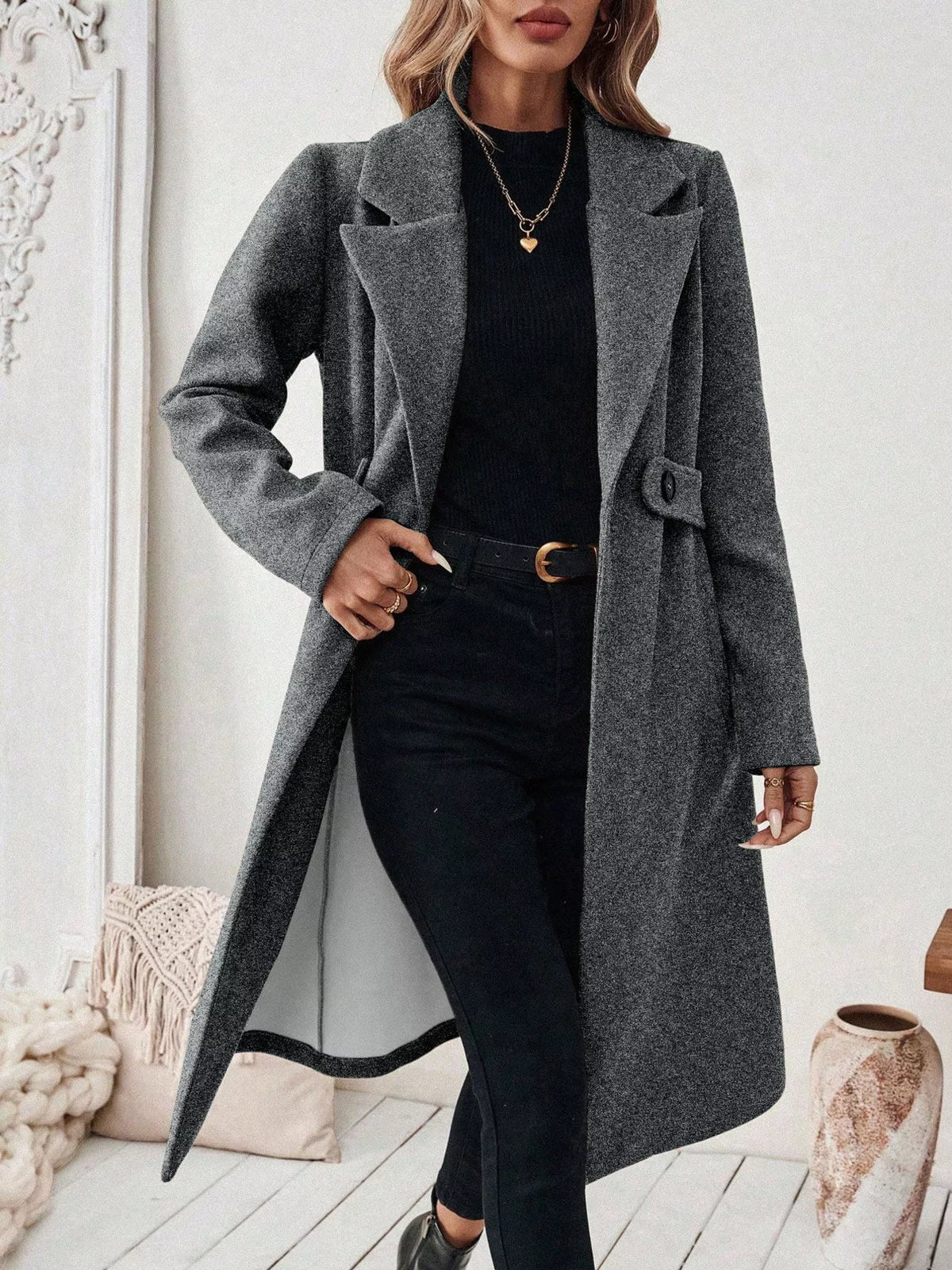 Lapel Collar Longline Coat - Dark Gray - View 1