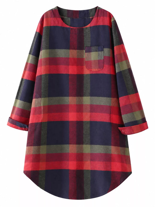Vintage Plaid Loose Casual Long Sleeve Dress - Red And Blue-Plaid - View 2
