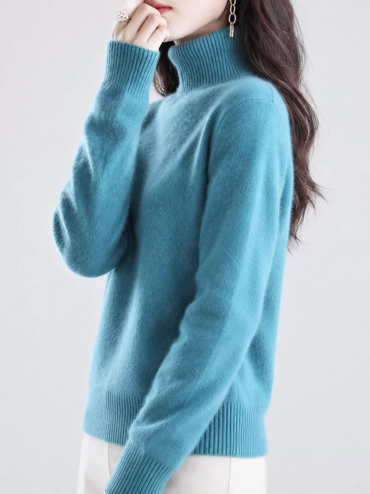 Full Size Turtleneck Long Sleeve Sweater Plus Size - Lake Blue - View 50