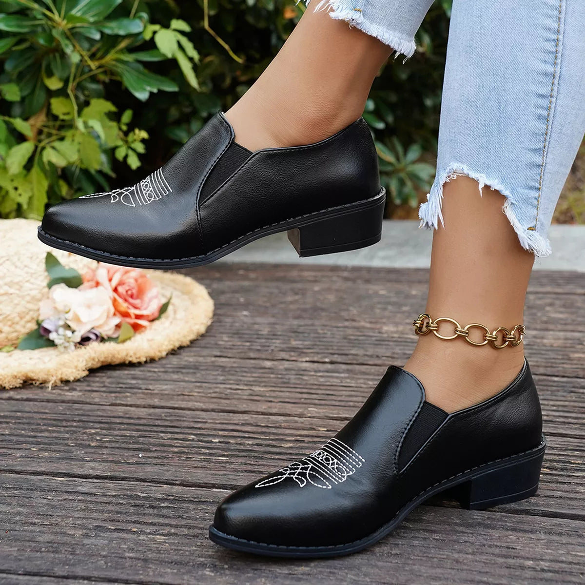 Point Toe Block Heels Loafers - Black - View 6