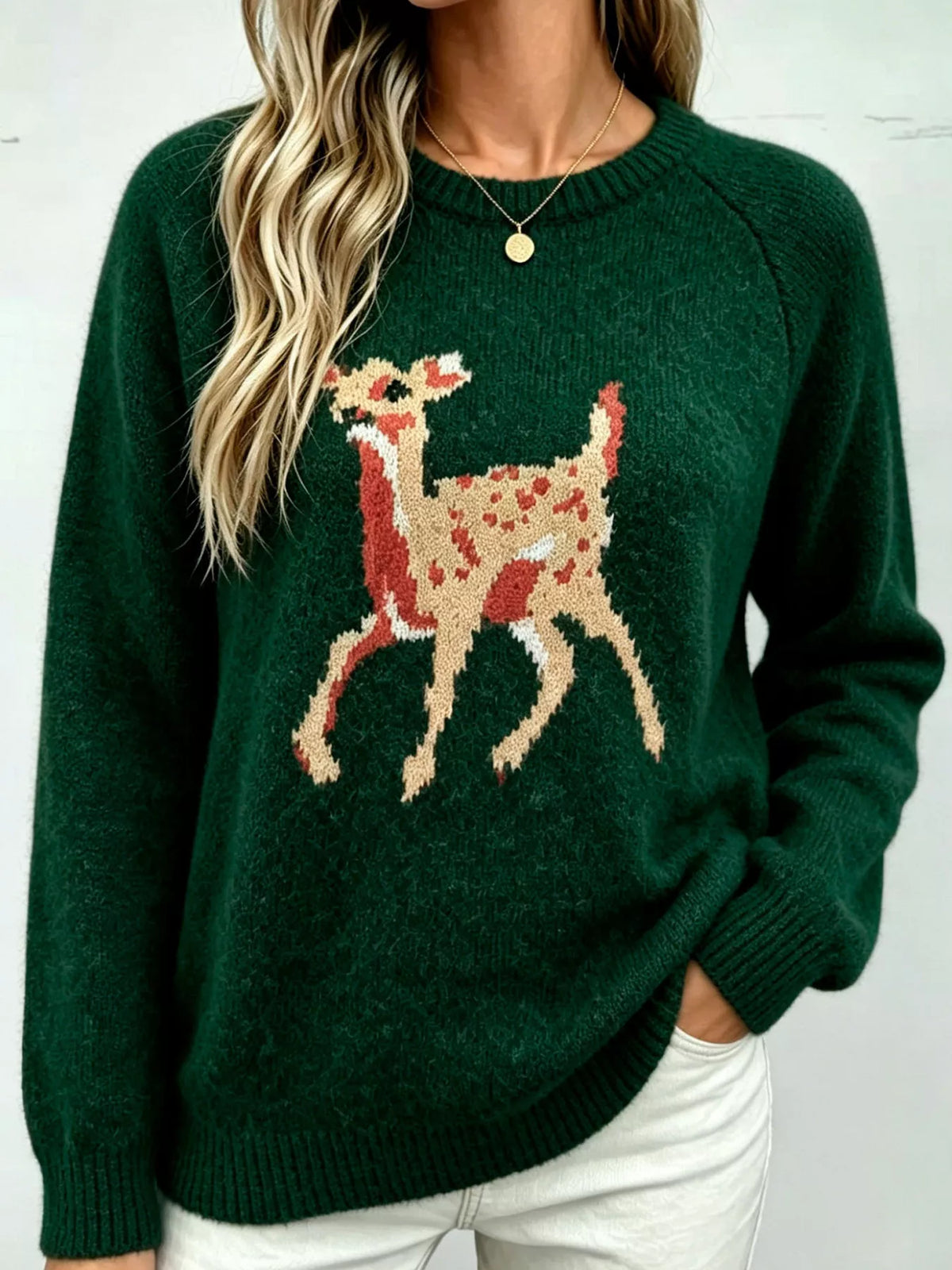 Deer Pattern Raglan Sleeve Sweater - Dark Green - View 4