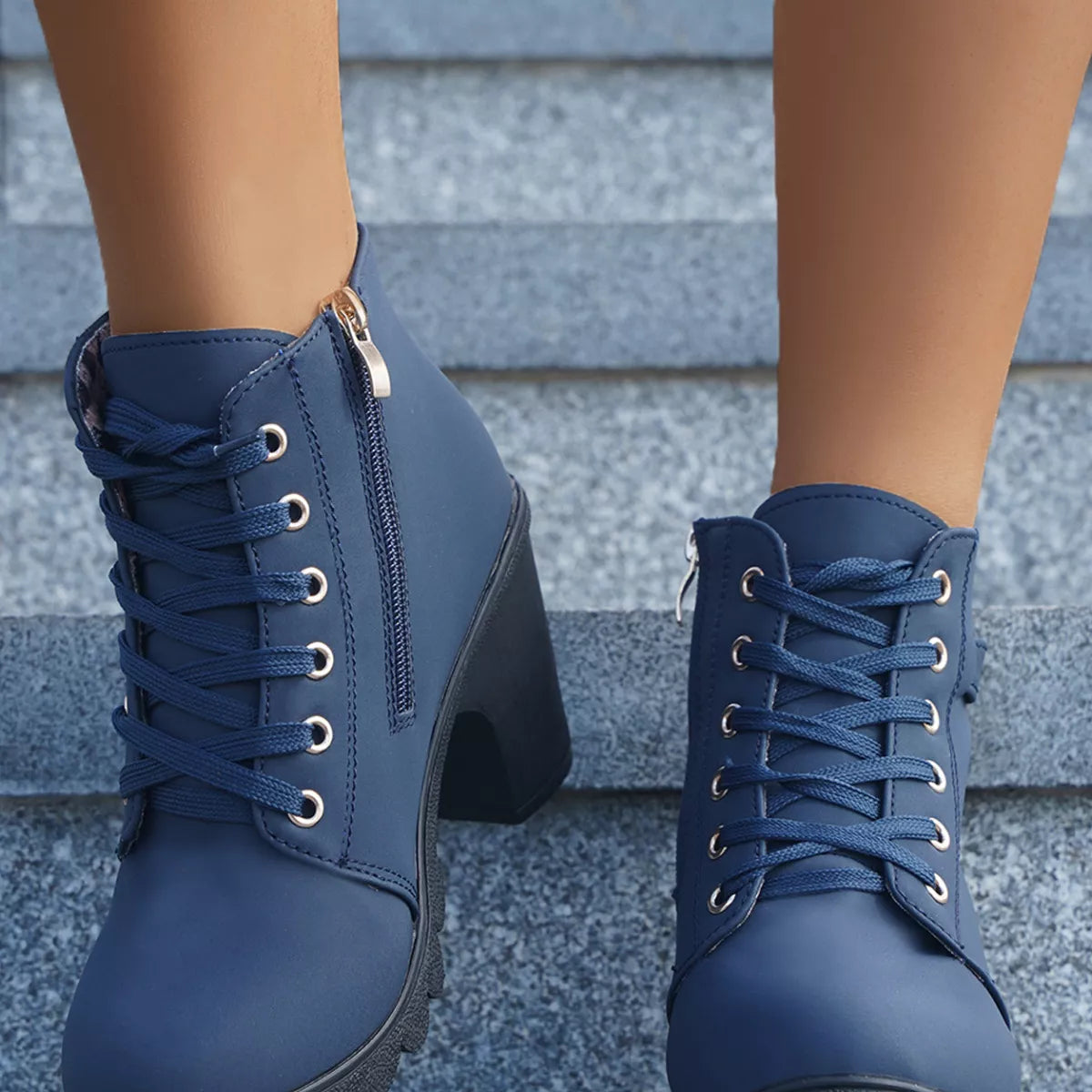 Lace Up Block Heels Boots - Blue - View 23