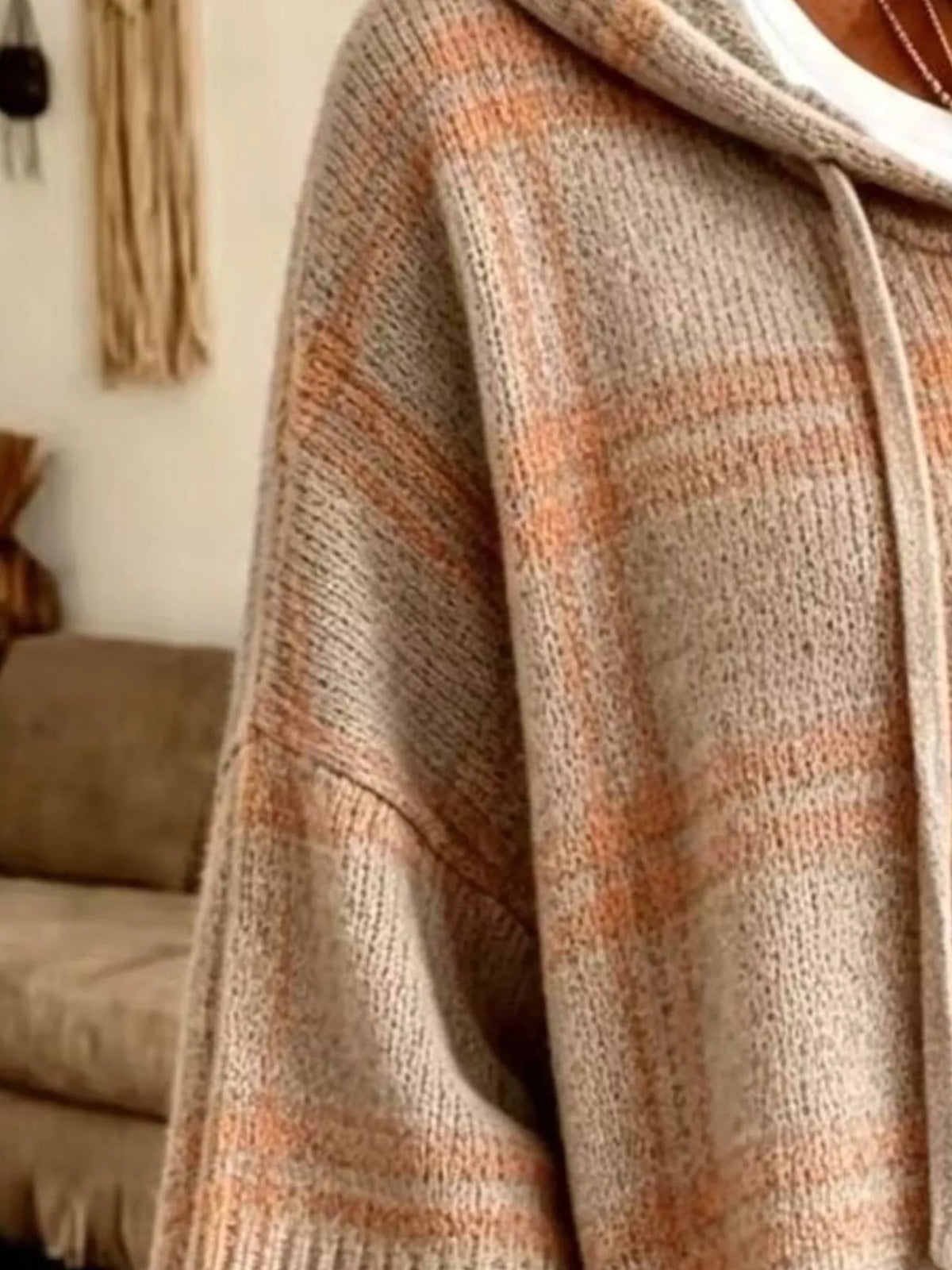 Full Size Drawstring Plaid Hooded Sweater Plus Size - Khaki - View 2