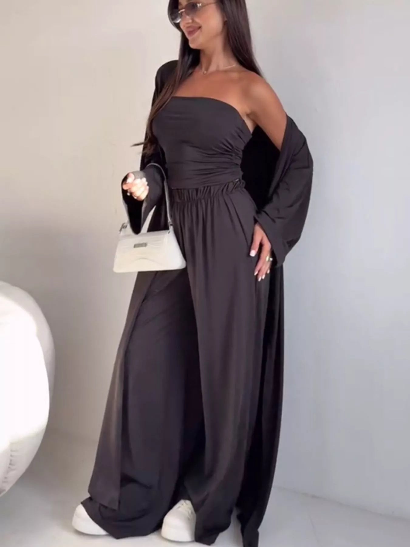 Tube Top & Cardigan & Wide Leg Pants 3-Piece Set - Dark Gray - Styled Front View