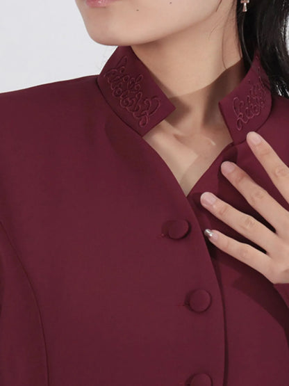 Button Up Long Sleeve Top and Pleated Skirt Set - Angora Red - View 2