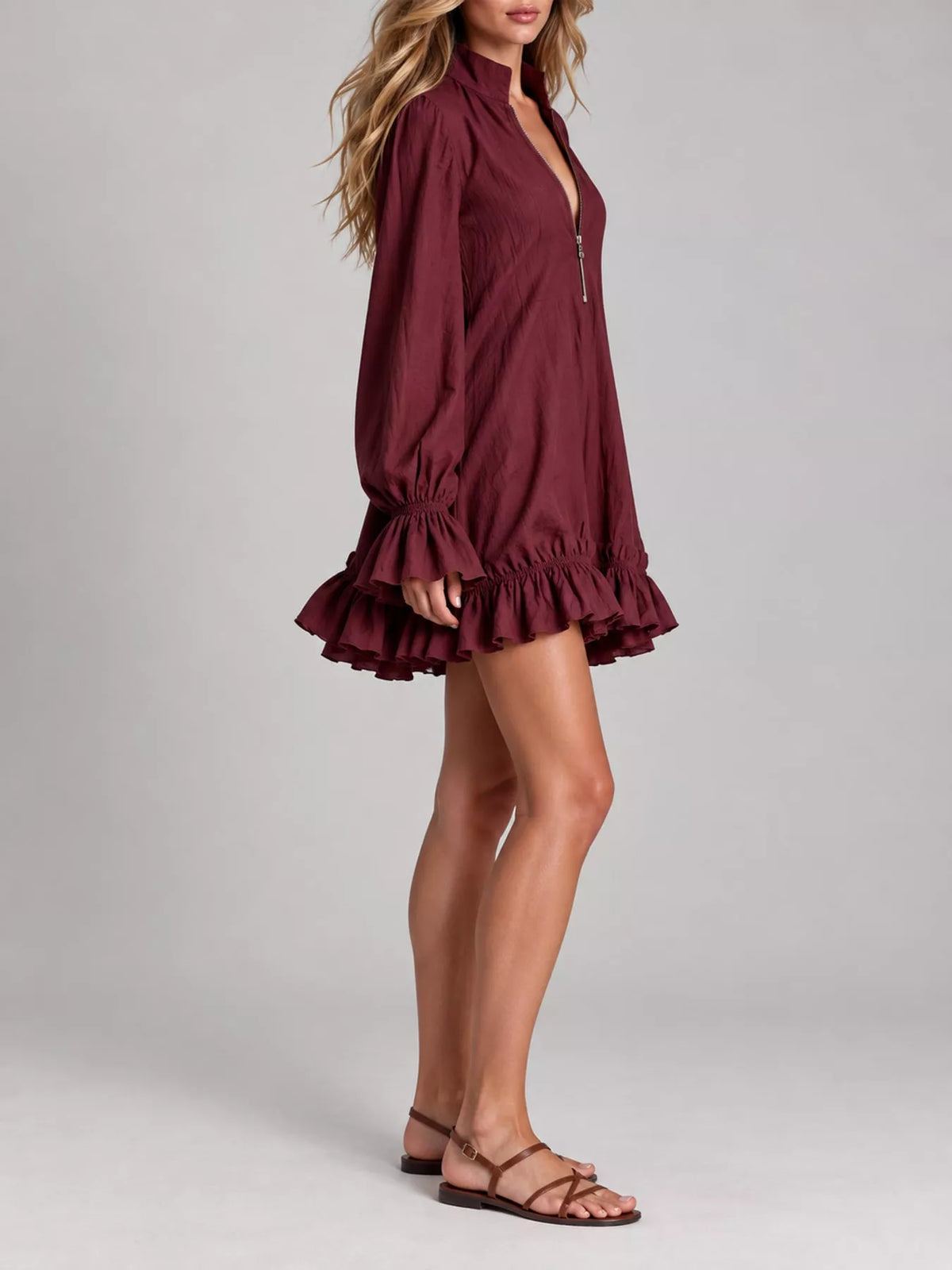 Zipper-Front Ruffle Hem Mini Dress - Burgundy - View 7