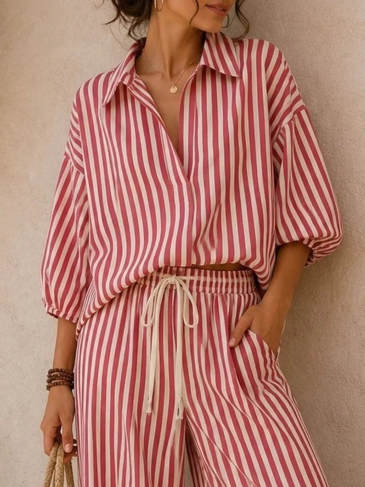 Full Size Striped Relaxed Fit Shirt and Wide-Leg Pants Set Plus Size - Dusty Pink - View 1