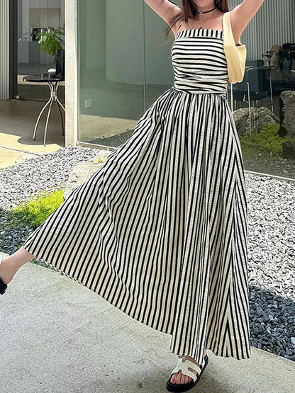 Striped Spaghetti Strap A-Line Maxi Dress - Black - View 1