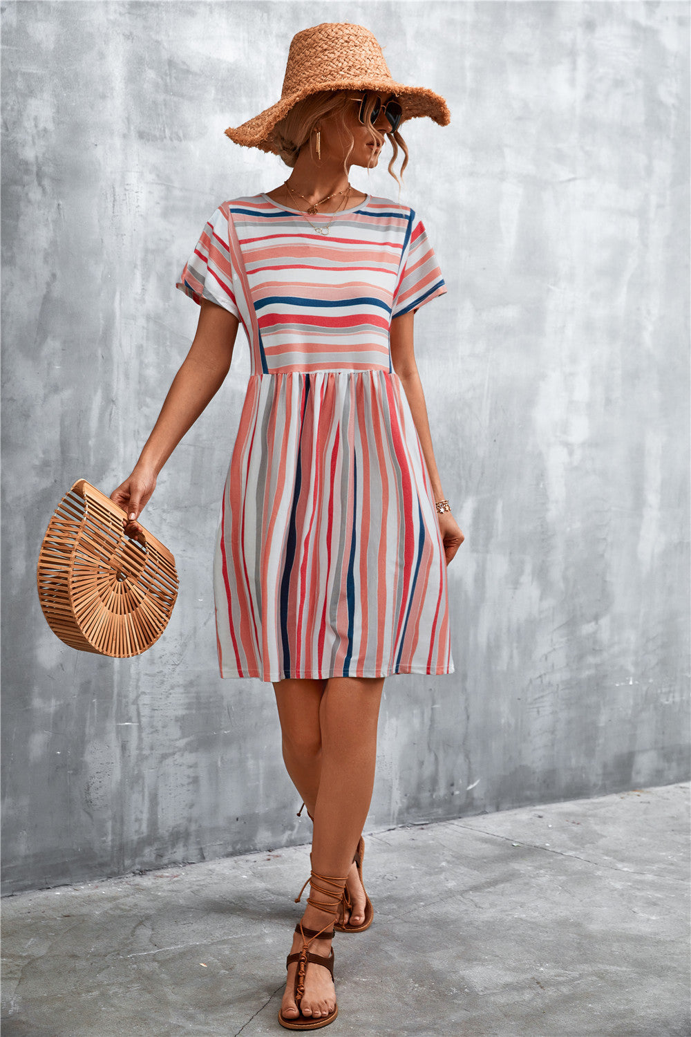 Striped Round Neck Dress - Coral - View 5