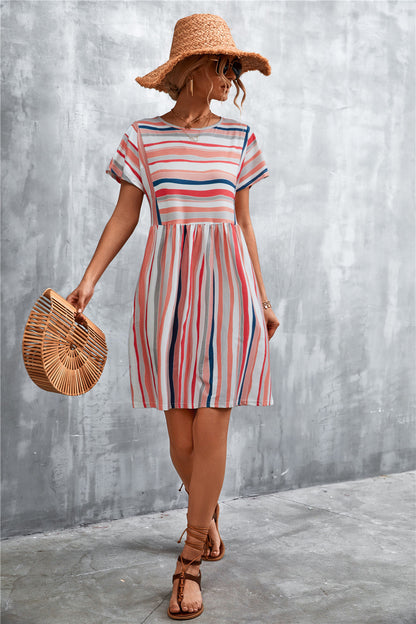 Striped Round Neck Dress - Coral - View 5