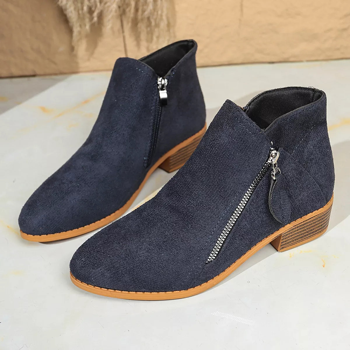 Point Toe Block Heels Boots - Dark Blue - View 14