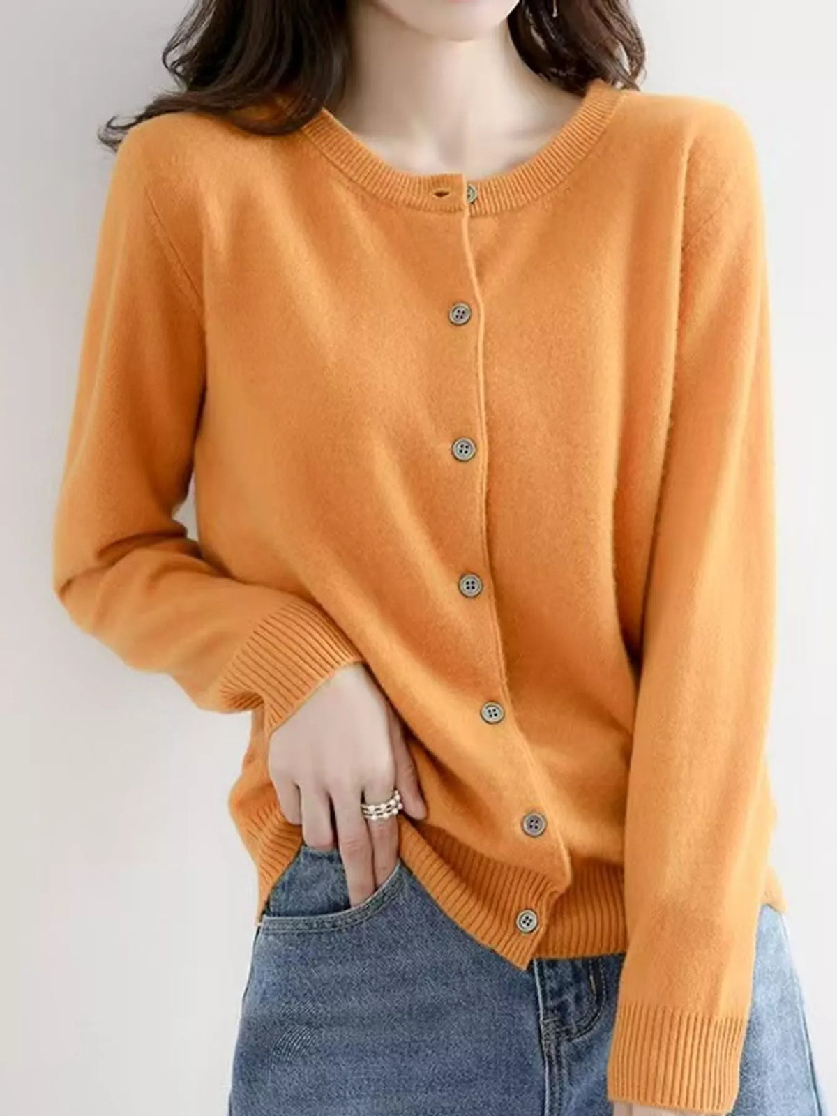Crew-Neck Button-Down Cardigan - Mustard Yellow - View 59