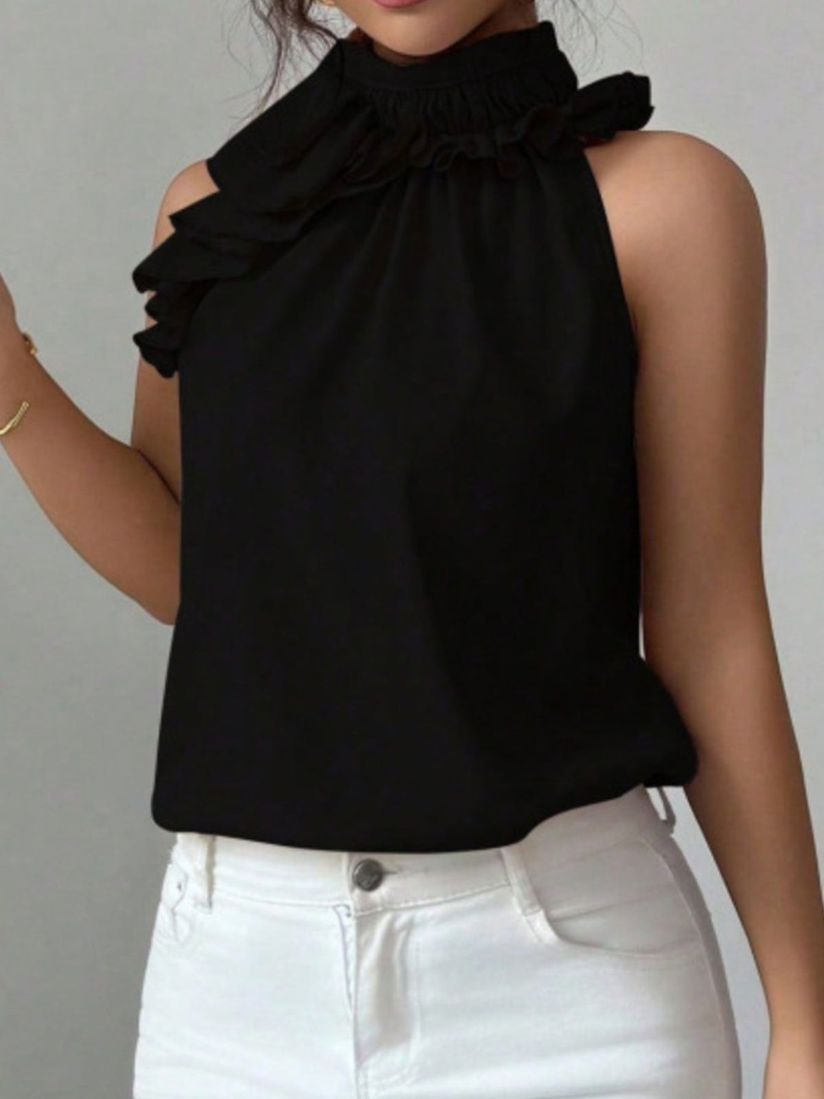 Ruffle High Neck Sleeveless Top - Black - View 20