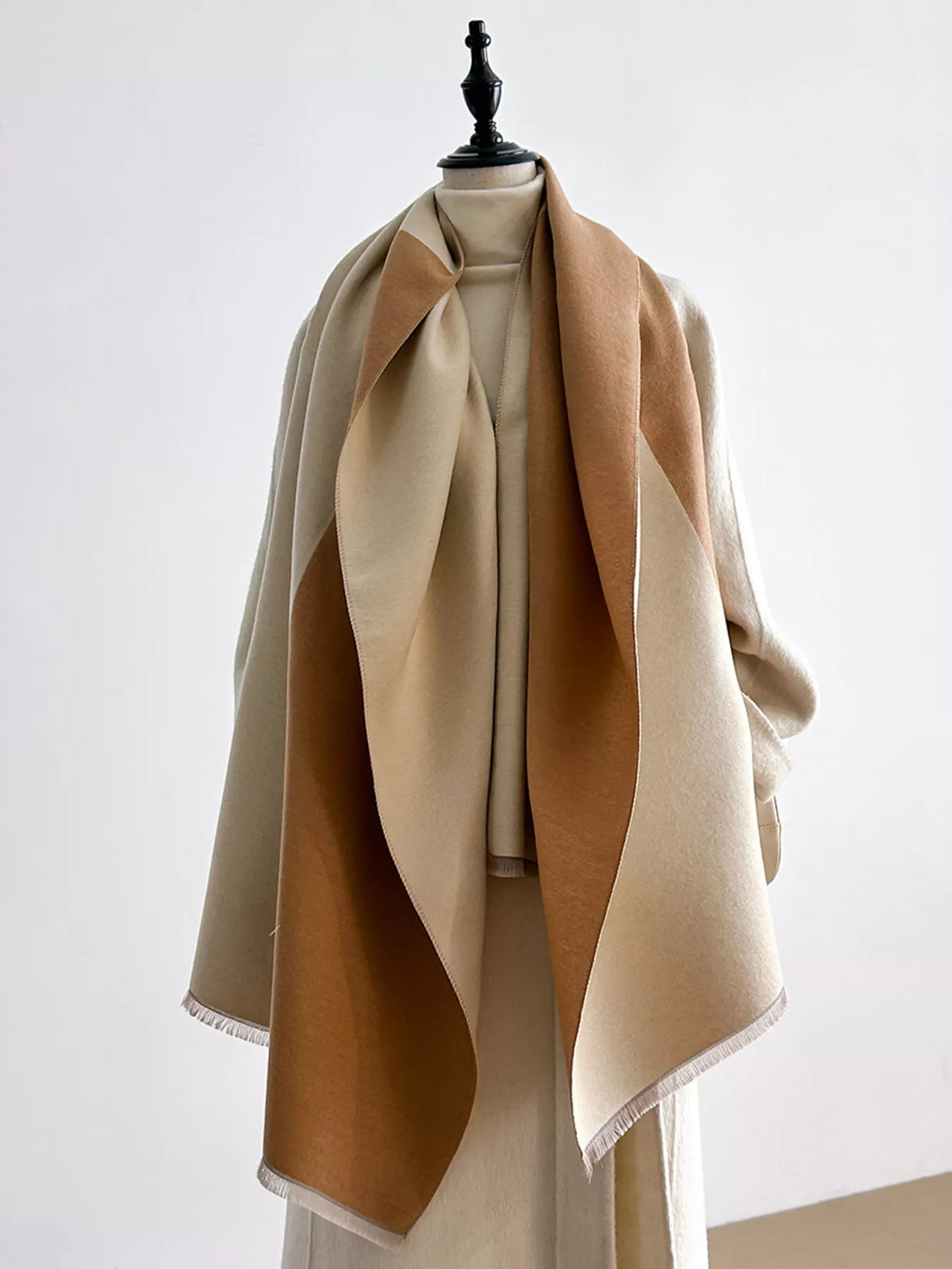 Two-Tone Raw Hem Scarf - Khaki - View 6