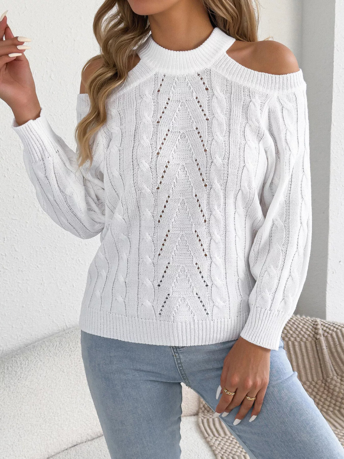 Cold Shoulder Cable Knit Sweater - White - View 4
