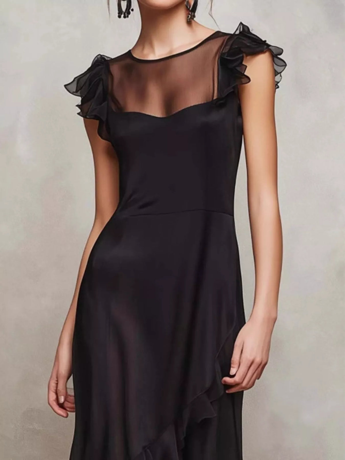 Sheer Ruffle Trim Maxi Dress - Black - View 2