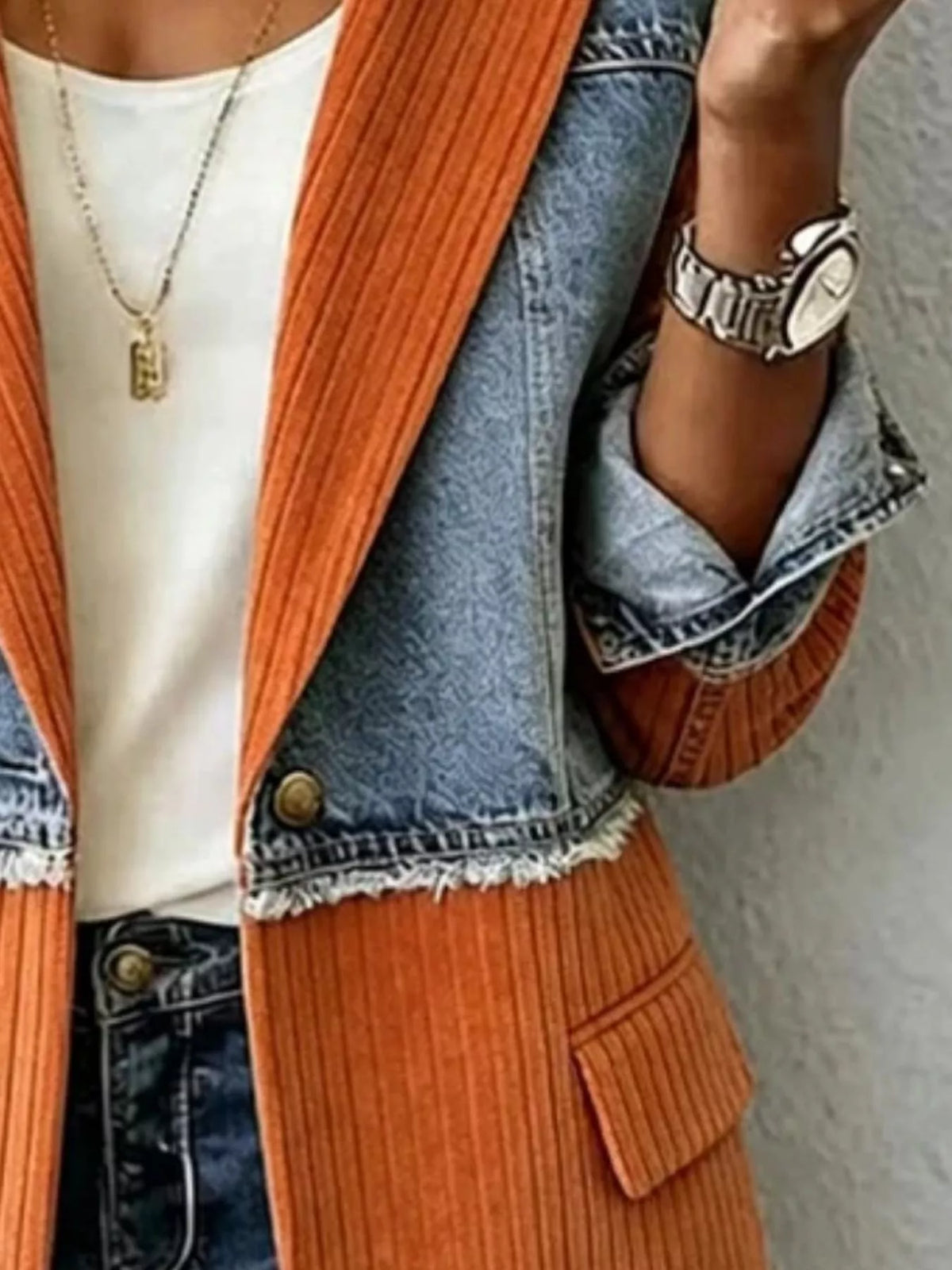 Full Size Patchwork Denim Ribbed Blazer Plus Size - Orange - View 2