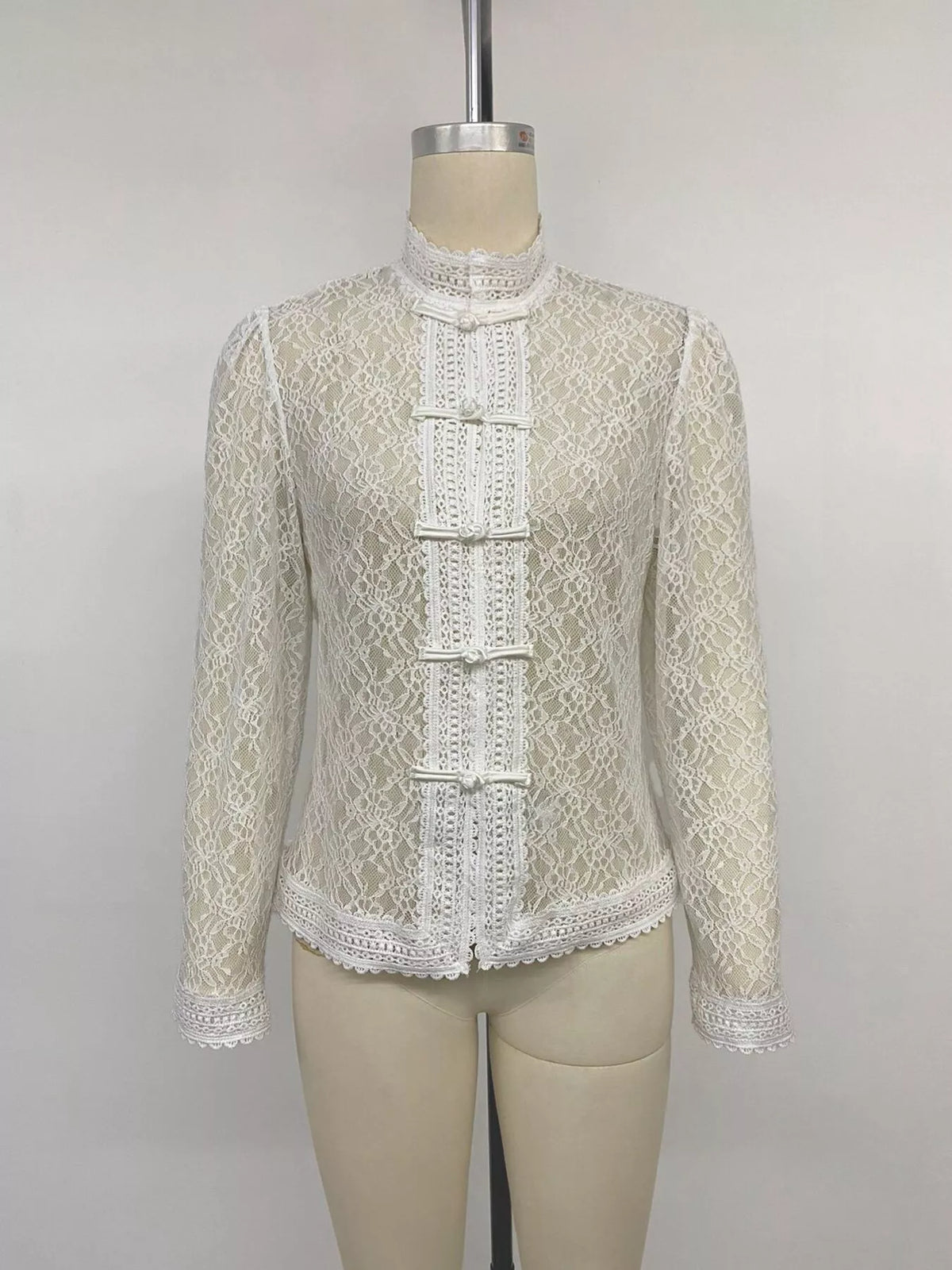 Lace Chinese Style Button Shirt - White - View 11