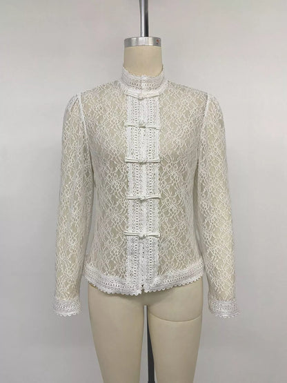 Lace Chinese Style Button Shirt - White - View 11
