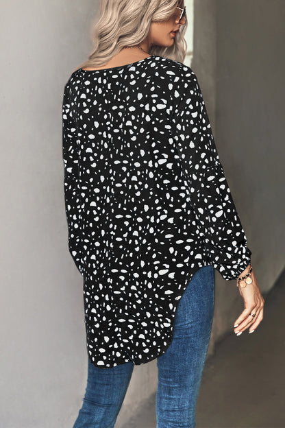 Animal Print V-Neck High-Low Blouse - Black - View 8
