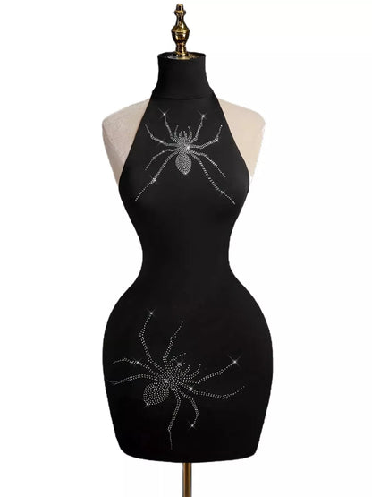 Rhinestone Spider Halter Neck Bodycon Dress - Black - View 4