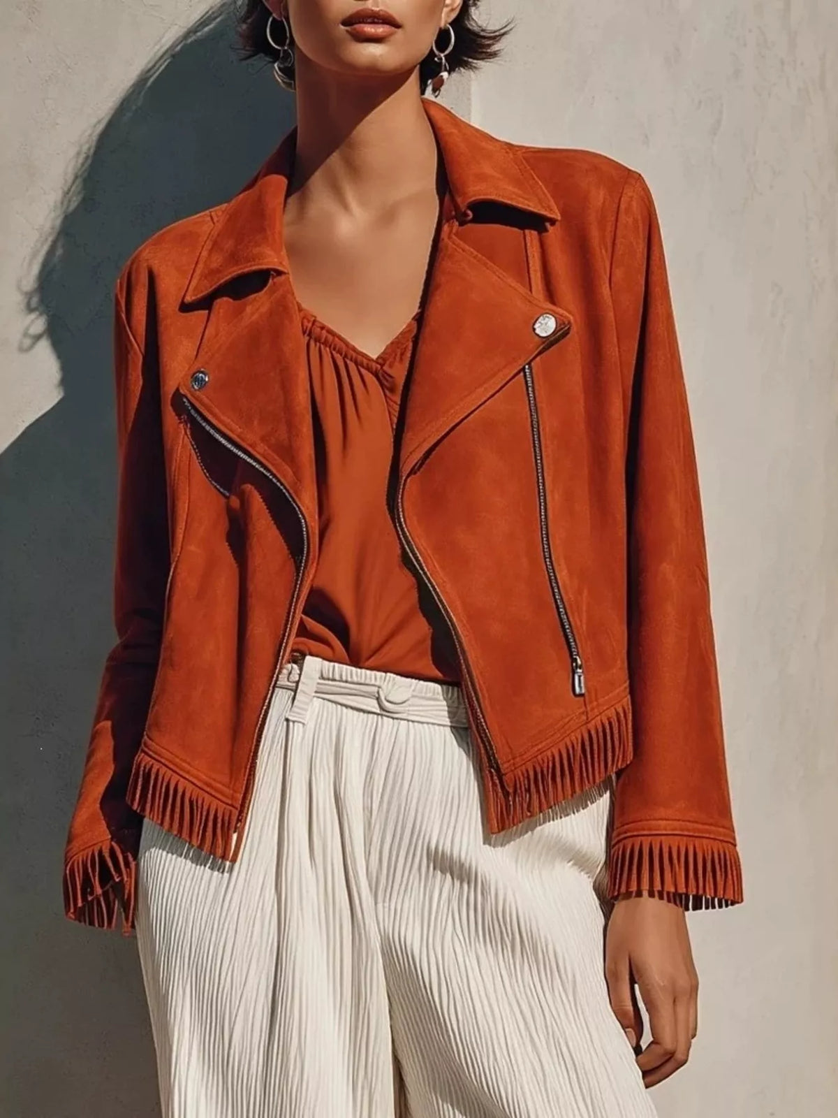 Fringe Hem Zip Up Jacket - Rust - View 1