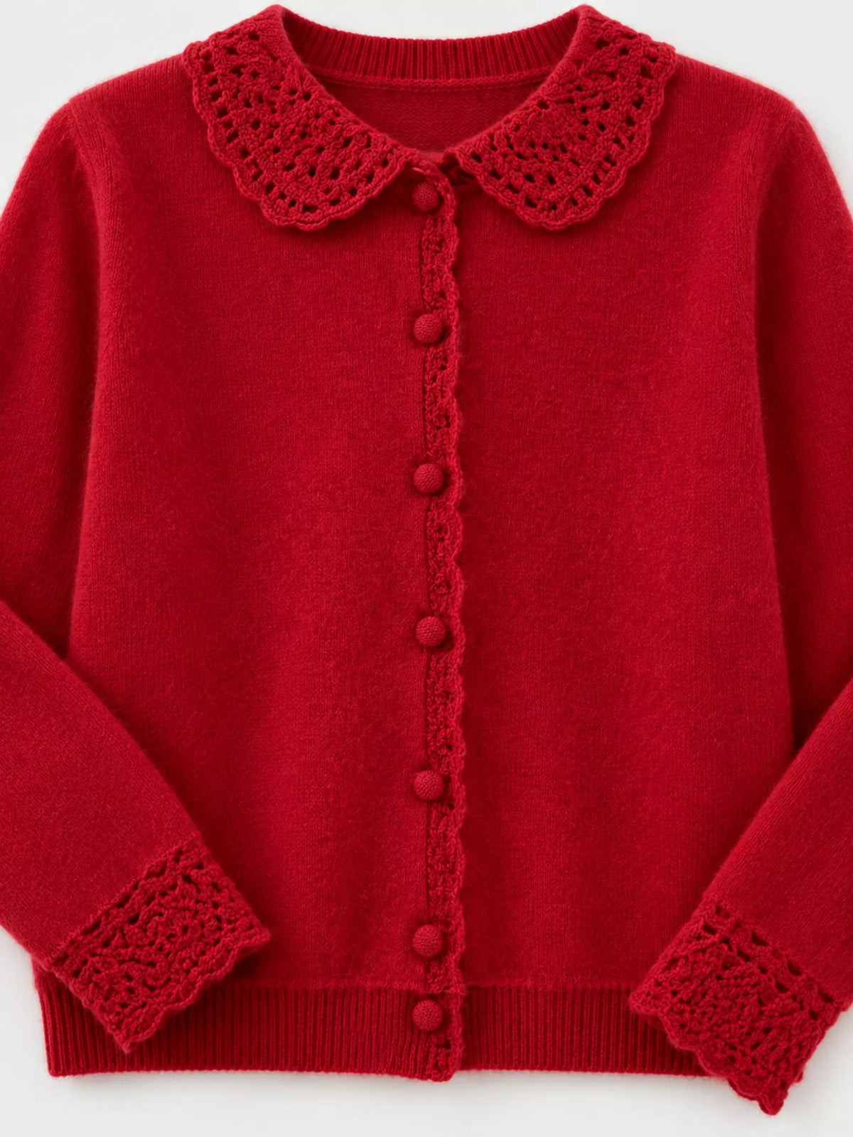 Lace-Collar Button Down Knit Cardigan - Cherry Red - View 33